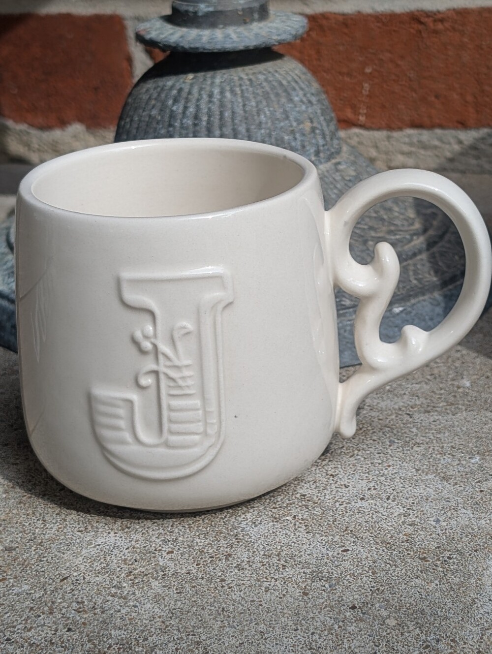 Mudpie  A-Z MUG "J" 16oz Ivory Coffee Mug Cup Letter J Monogram Scroll Embossed